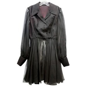 Vintage Women's Sheer Black Button Up Collared Long Sleeve Blouse Shirt Dress S
